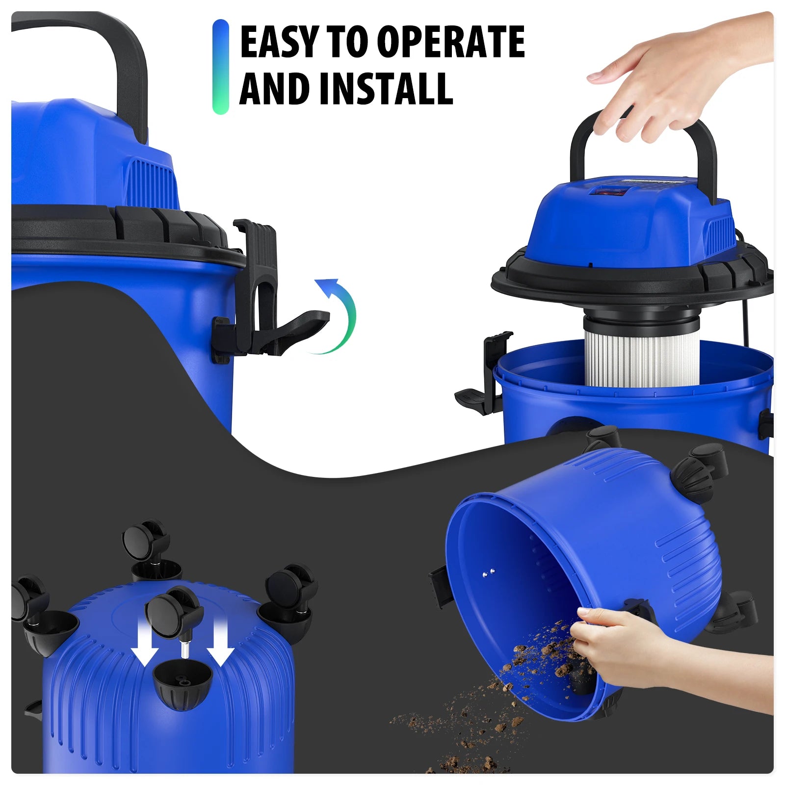 Industrial Vacuum Cleaner 3-in-1 Wet and Dry Vacuum Cleaner Bagless W/Blowing Function, 16Kpa Strong Suction, 15 Litre Capacity, 4 Caster Wheels
