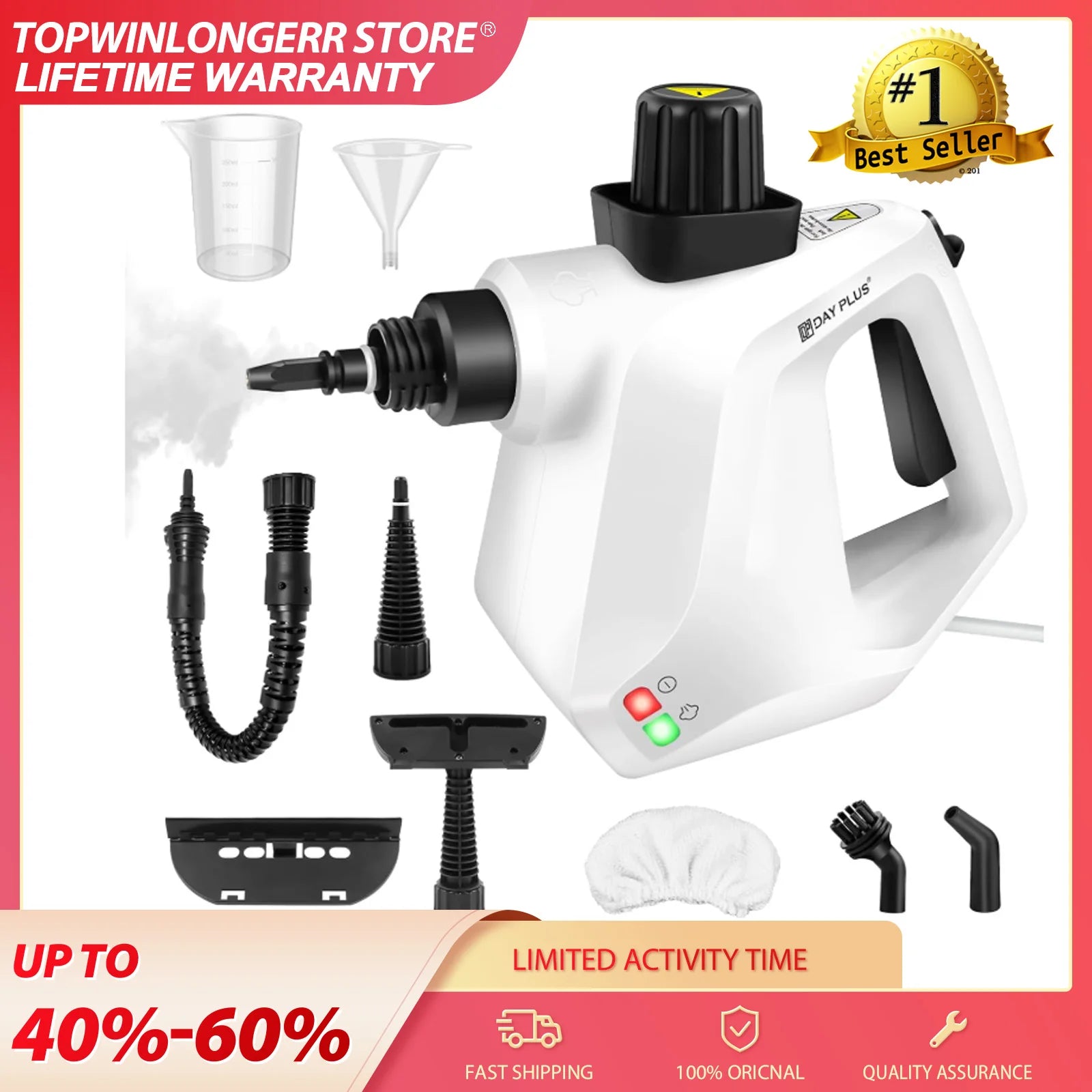 3800W High Pressure Steam Cleaner (Car Cleaner)-IPX4, 2.5m Cable,Steam Cannon+9-Piece for Removing Stains on Multiple Surfaces