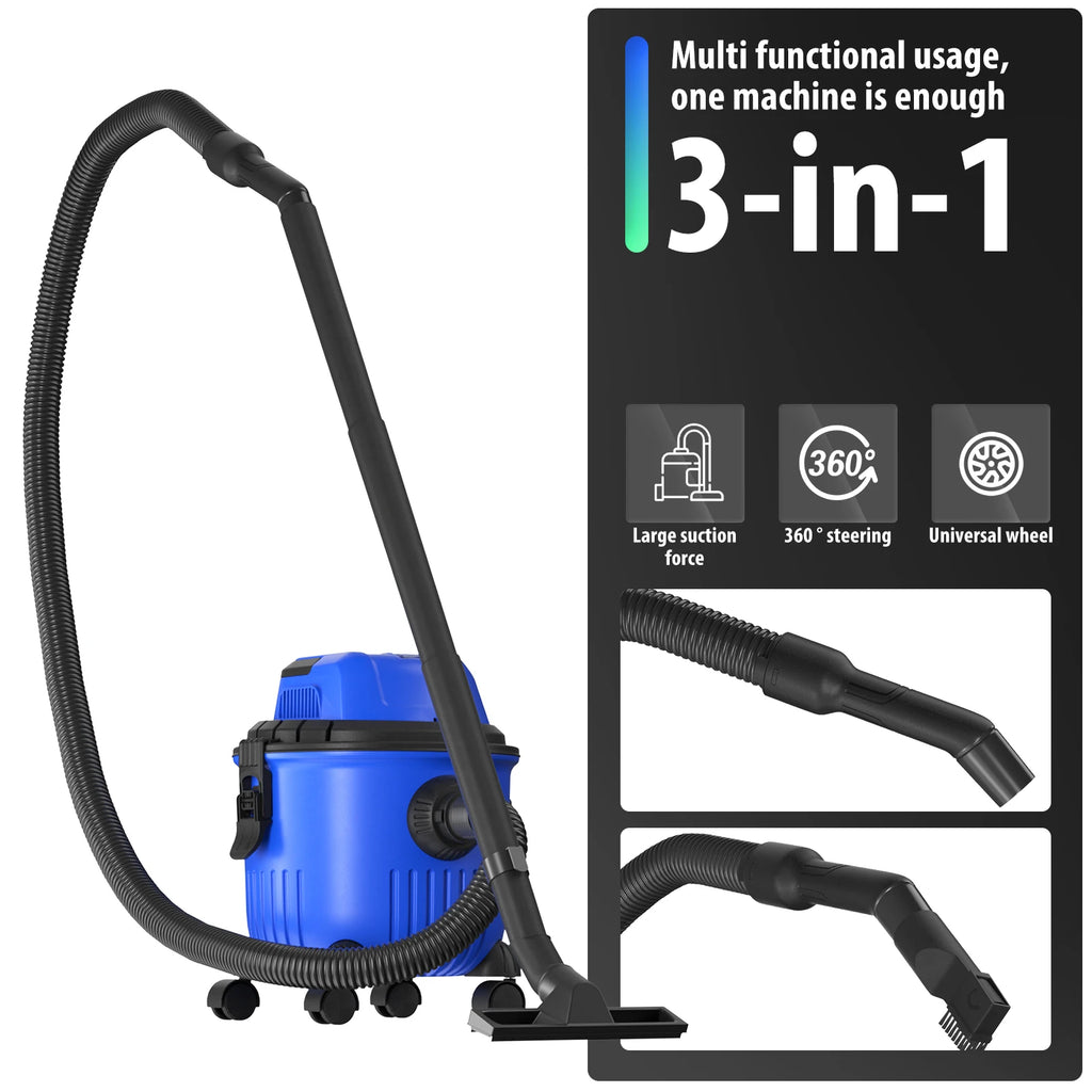 Industrial Vacuum Cleaner 3-in-1 Wet and Dry Vacuum Cleaner Bagless W/Blowing Function, 16Kpa Strong Suction, 15 Litre Capacity, 4 Caster Wheels