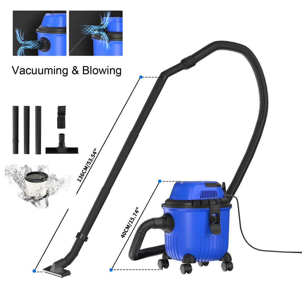 Industrial Vacuum Cleaner 3-in-1 Wet and Dry Vacuum Cleaner Bagless W/Blowing Function, 16Kpa Strong Suction, 15 Litre Capacity, 4 Caster Wheels