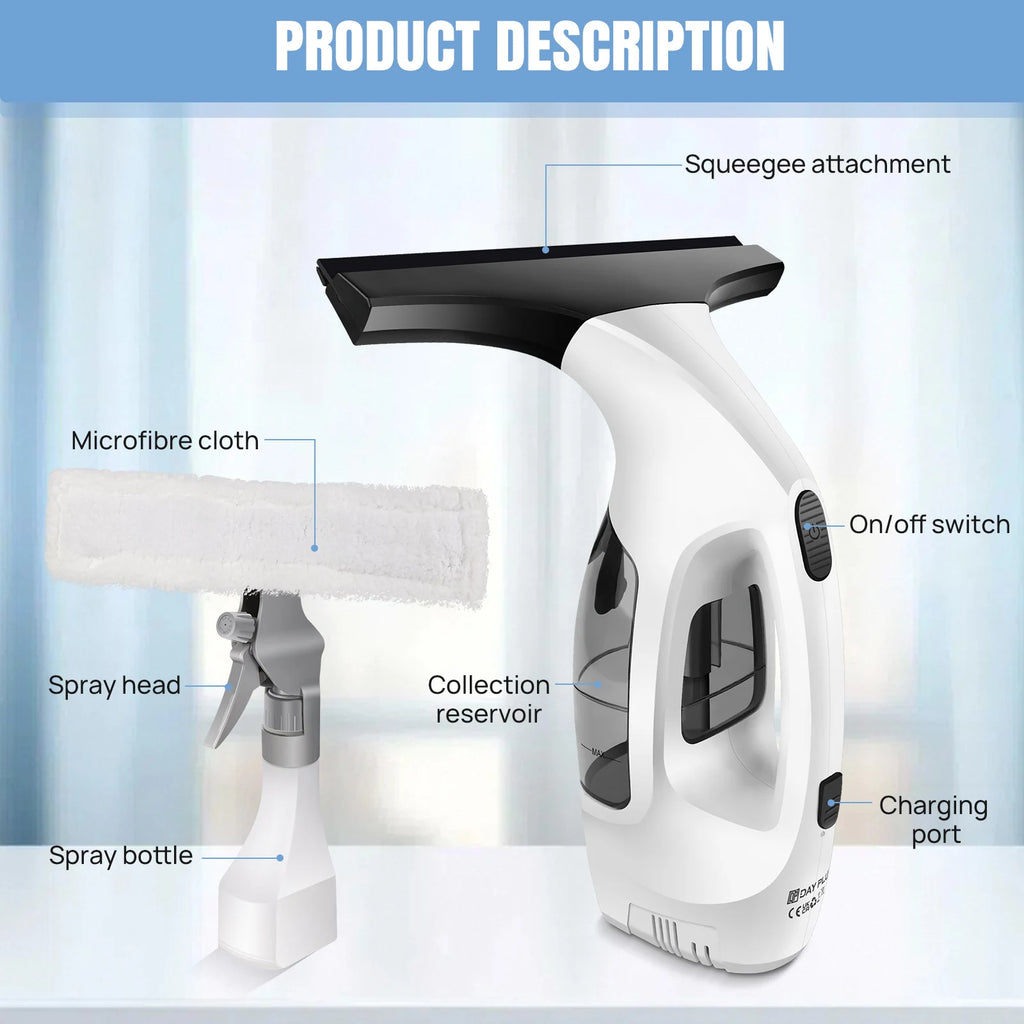 Cordless Electric Window Squeegee, 3500mAh Rechargeable Window Vacuum, 2 in 1 with Microfiber Pad – Ideal for Windows, Mirrors