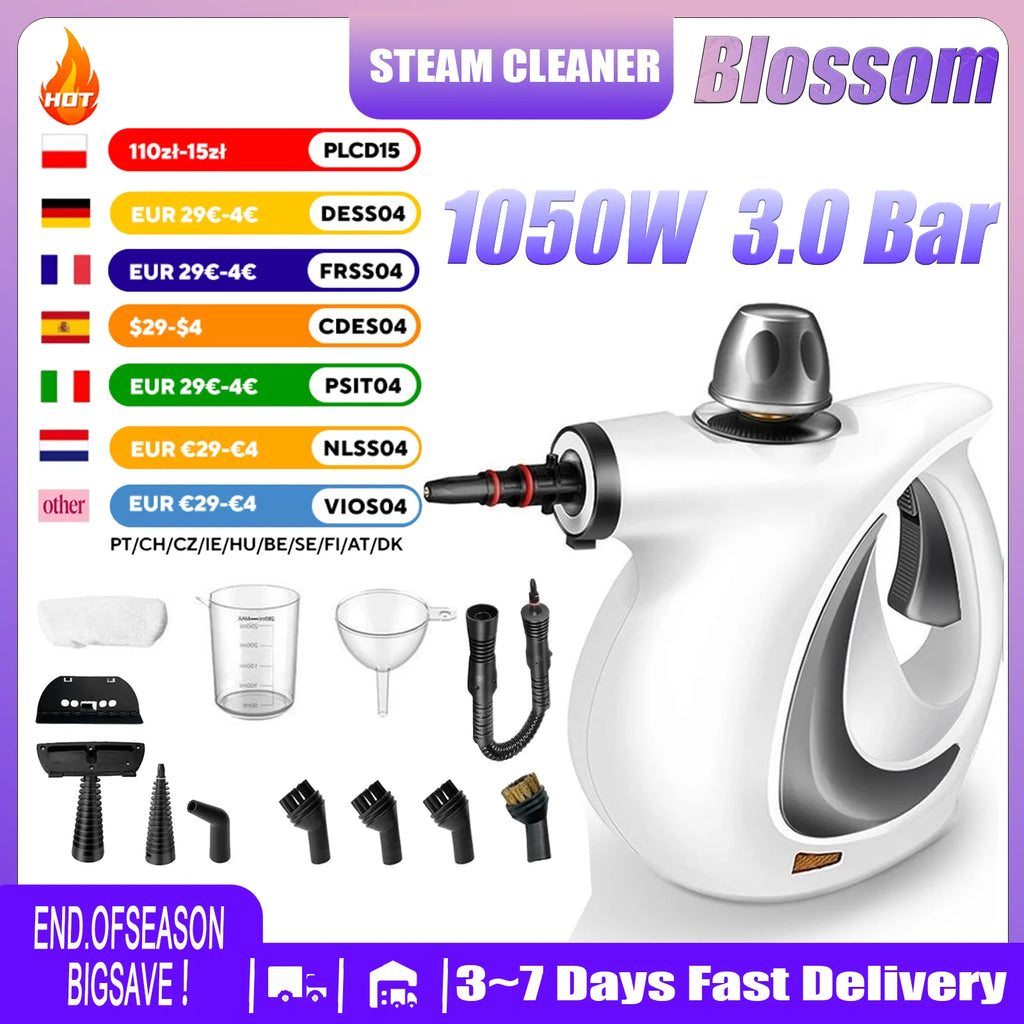 Blossom Handheld Steam Cleaner 1050W 3Bar High Pressure Steam 115℃ High Temp Fast Heating Multipurpose Steamer for Home