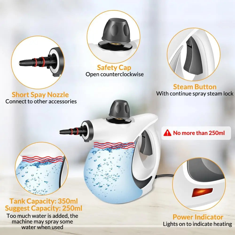 Blossom Handheld Steam Cleaner 1050W 3Bar High Pressure Steam 115℃ High Temp Fast Heating Multipurpose Steamer for Home