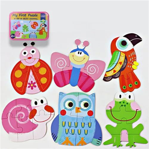Baby Cartoon 3D Iron Box Wooden Animal/Traffic Puzzles Educational Toy Wooden Puzzle Jigsaw Toy for Children Gift