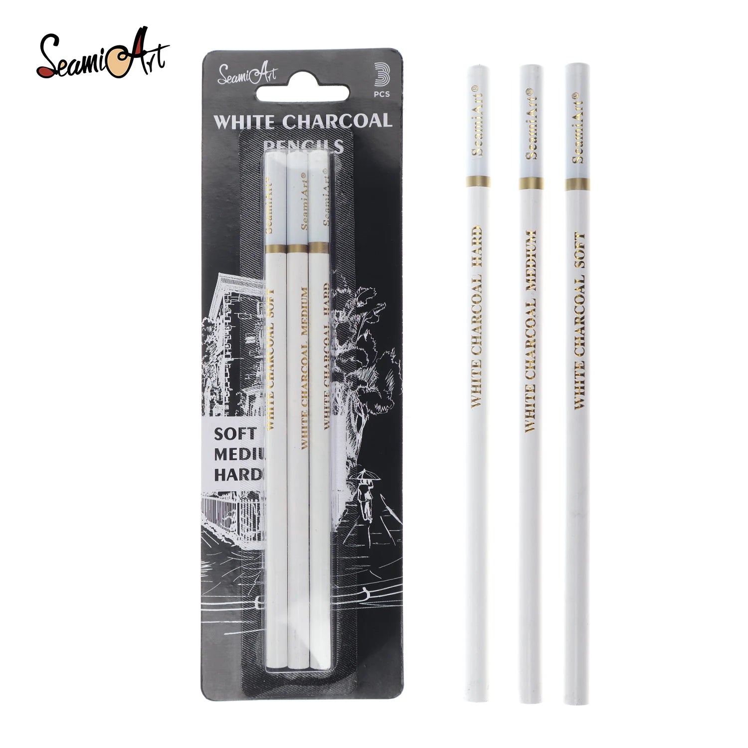 SeamiArt 3Pcs White Soft/Medium/Hard Charcoal Pencil for Sketch Carbon Pen Sketch Art Tools Office School Supplies Pencils