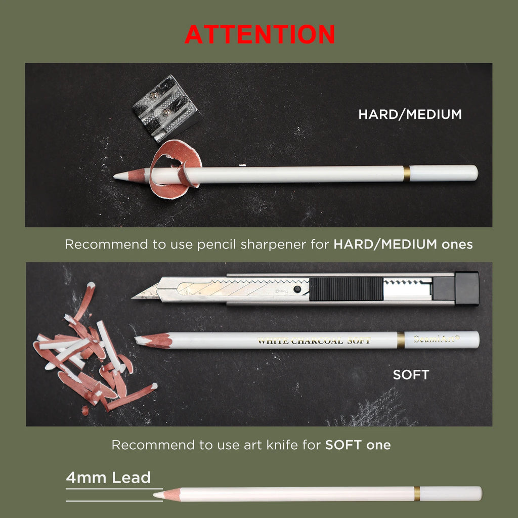 SeamiArt 3Pcs White Soft/Medium/Hard Charcoal Pencil for Sketch Carbon Pen Sketch Art Tools Office School Supplies Pencils
