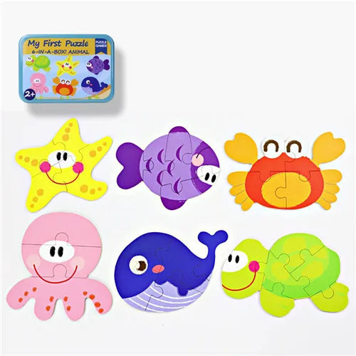 Baby Cartoon 3D Iron Box Wooden Animal/Traffic Puzzles Educational Toy Wooden Puzzle Jigsaw Toy for Children Gift