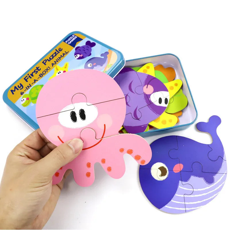 Baby Cartoon 3D Iron Box Wooden Animal/Traffic Puzzles Educational Toy Wooden Puzzle Jigsaw Toy for Children Gift