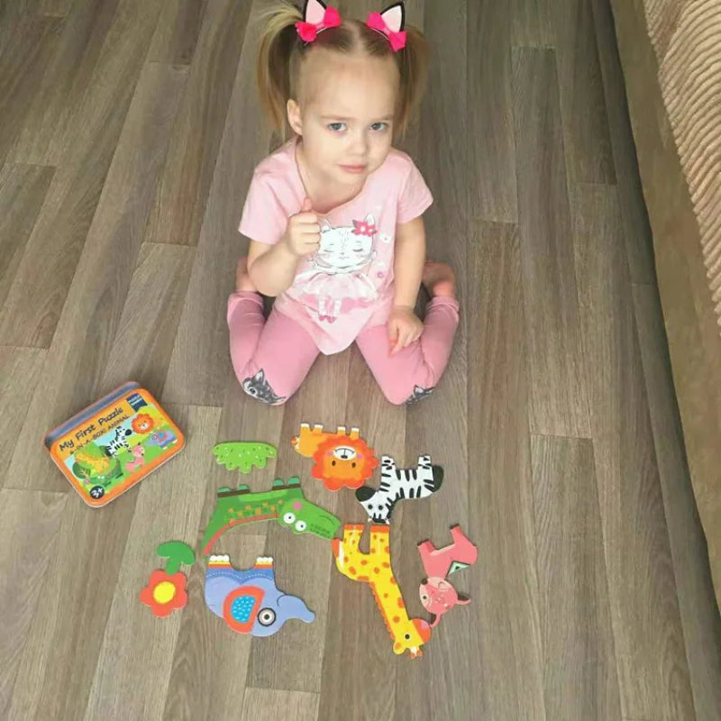 Baby Cartoon 3D Iron Box Wooden Animal/Traffic Puzzles Educational Toy Wooden Puzzle Jigsaw Toy for Children Gift