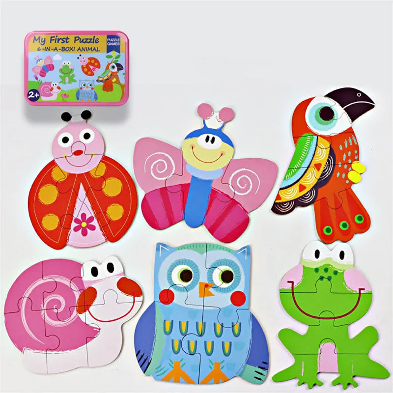 Baby Cartoon 3D Iron Box Wooden Animal/Traffic Puzzles Educational Toy Wooden Puzzle Jigsaw Toy for Children Gift