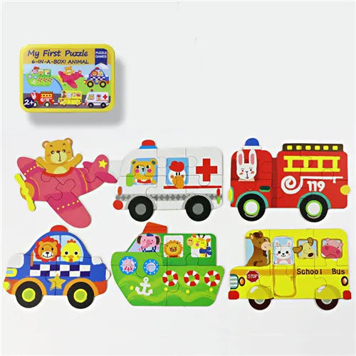 Baby Cartoon 3D Iron Box Wooden Animal/Traffic Puzzles Educational Toy Wooden Puzzle Jigsaw Toy for Children Gift
