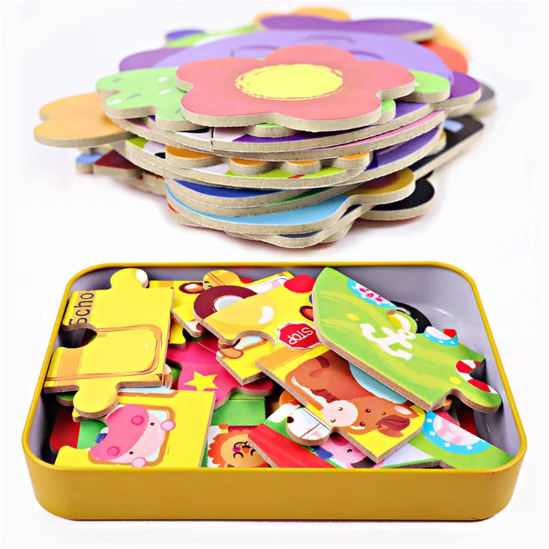 Baby Cartoon 3D Iron Box Wooden Animal/Traffic Puzzles Educational Toy Wooden Puzzle Jigsaw Toy for Children Gift