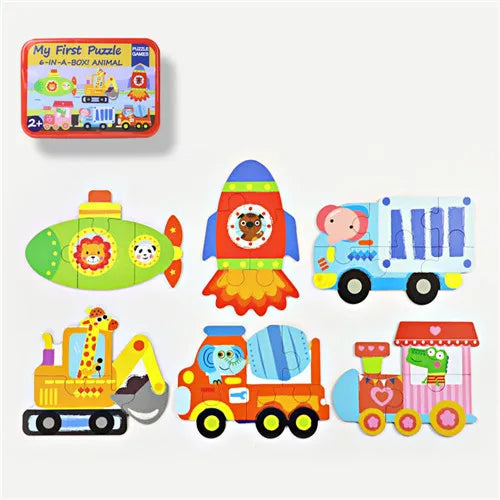 Baby Cartoon 3D Iron Box Wooden Animal/Traffic Puzzles Educational Toy Wooden Puzzle Jigsaw Toy for Children Gift