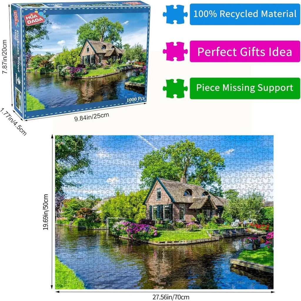 Jigsaw Puzzles for Adults 1000 Pieces Giethoorn Village Interlock Perfectly Letter on Back No Dust, Home Decor Gift Party Toy
