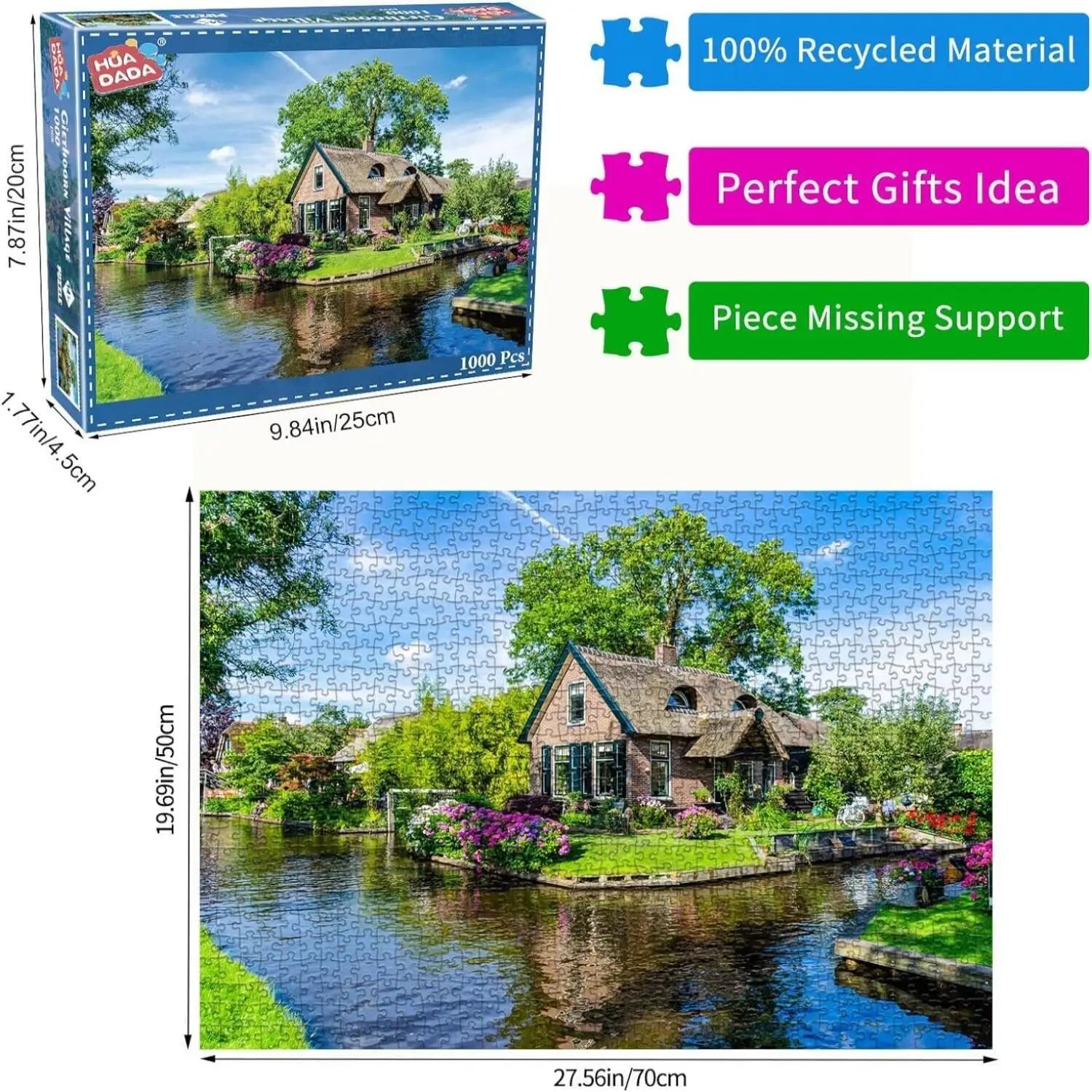 Jigsaw Puzzles for Adults 1000 Pieces Giethoorn Village Interlock Perfectly Letter on Back No Dust, Home Decor Gift Party Toy