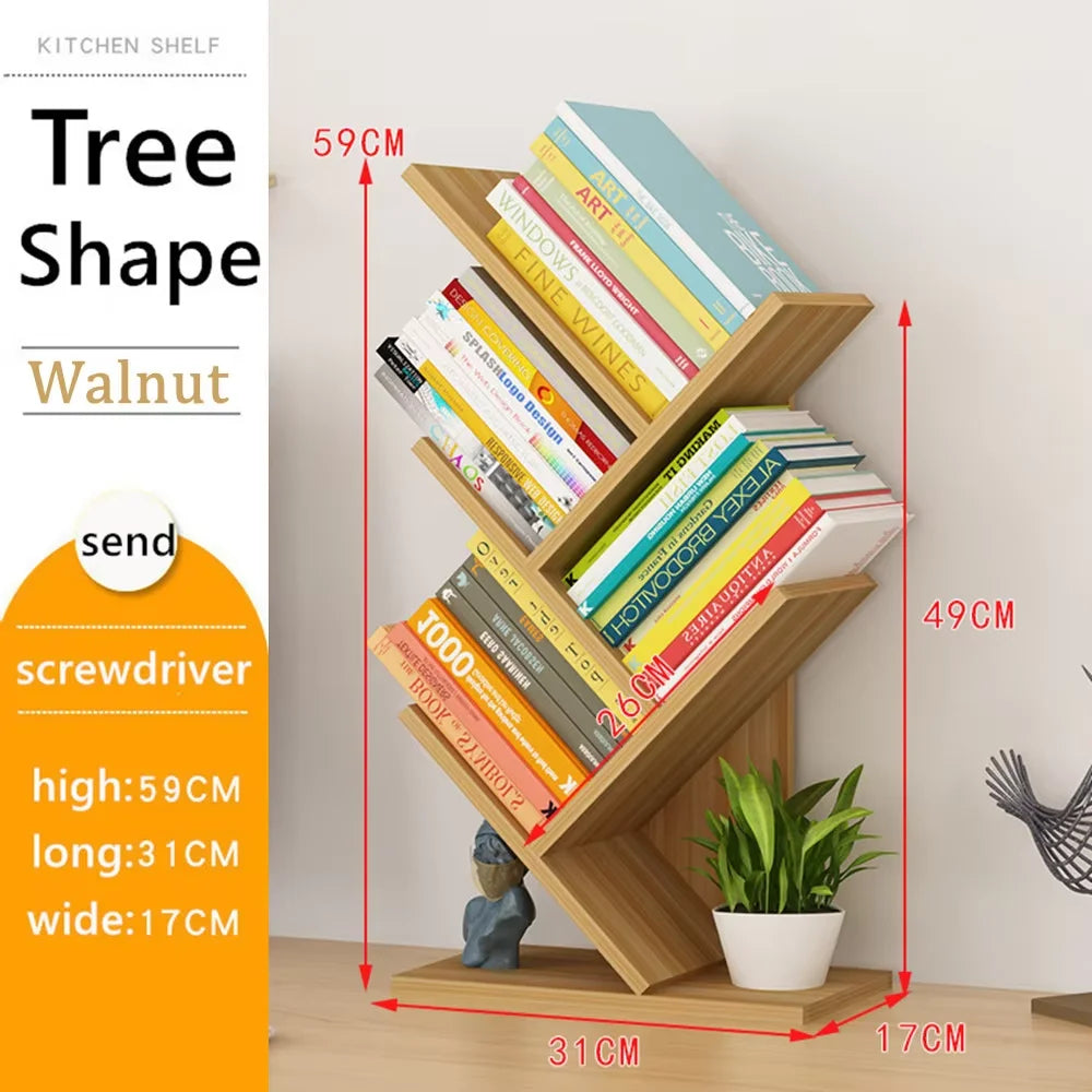 4Tier Tree Bookshelf Wooden Bookcase–Floor Standing Storage Rack for Books Decor Compact Shelf Organizer for Home Office School