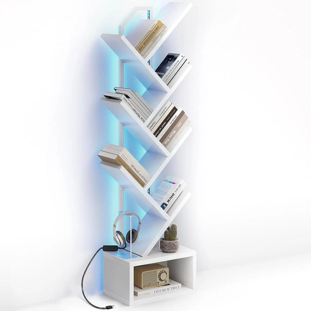 Casaottima 6-Tier Tree Bookshelf, Narrow Steel & Wood Bookcase with Cabinet, Vintage Home Office Organizer