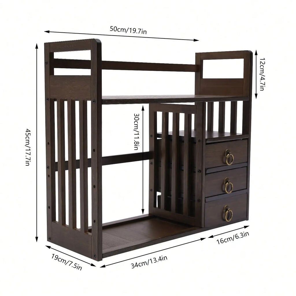 Bamboo Desktop Bookshelf Display Shelf Bookcase Home Office Supplies Desk With 3 Drawers