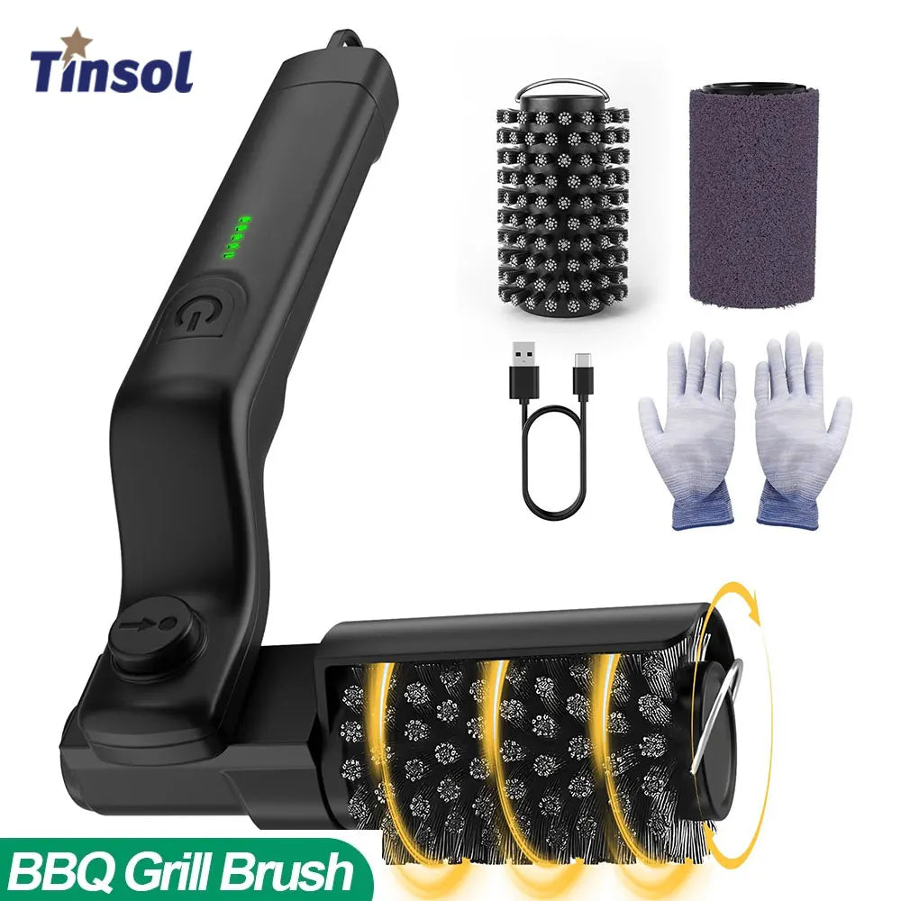 TINSOL Electric barbecue grill cleaning brush, wireless, rechargeable, rotatable, adjustable, for cleaning stubborn grease