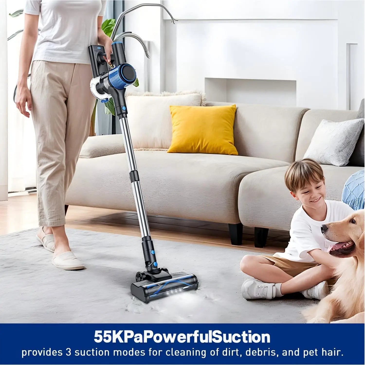 Cordless Vacuum Cleaner，55Kpa/45Mins/8 in 1 Powerful Suction,Self-Standing, 3 Suction Modes, Vacuum for Floor Carpet Pet Hair