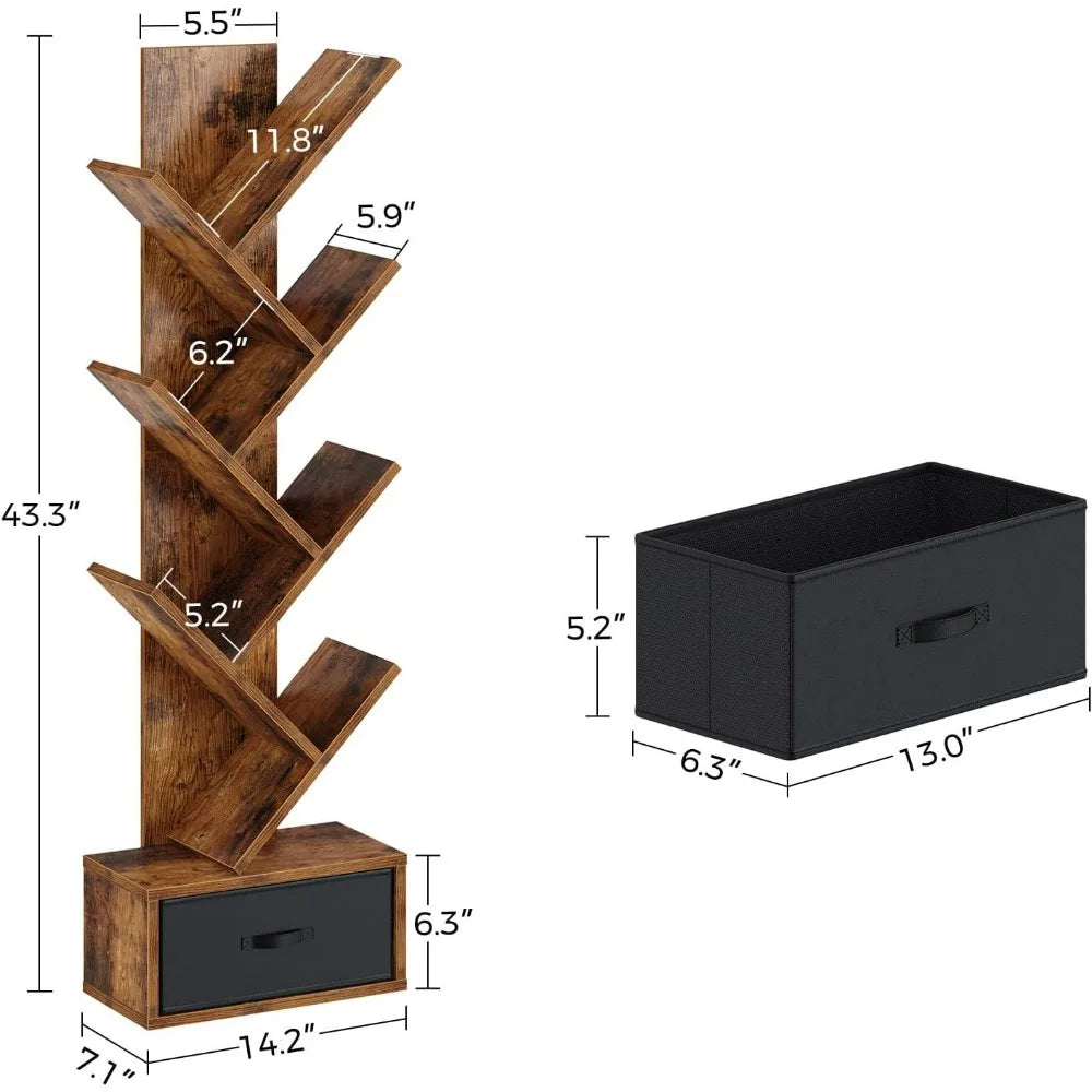 Rolanstar 7 Tier Tree Bookshelf  Drawer Storage Rack Tall Narrow Standing Bookcase for CDs Movies Books Living Room Rustic Brown