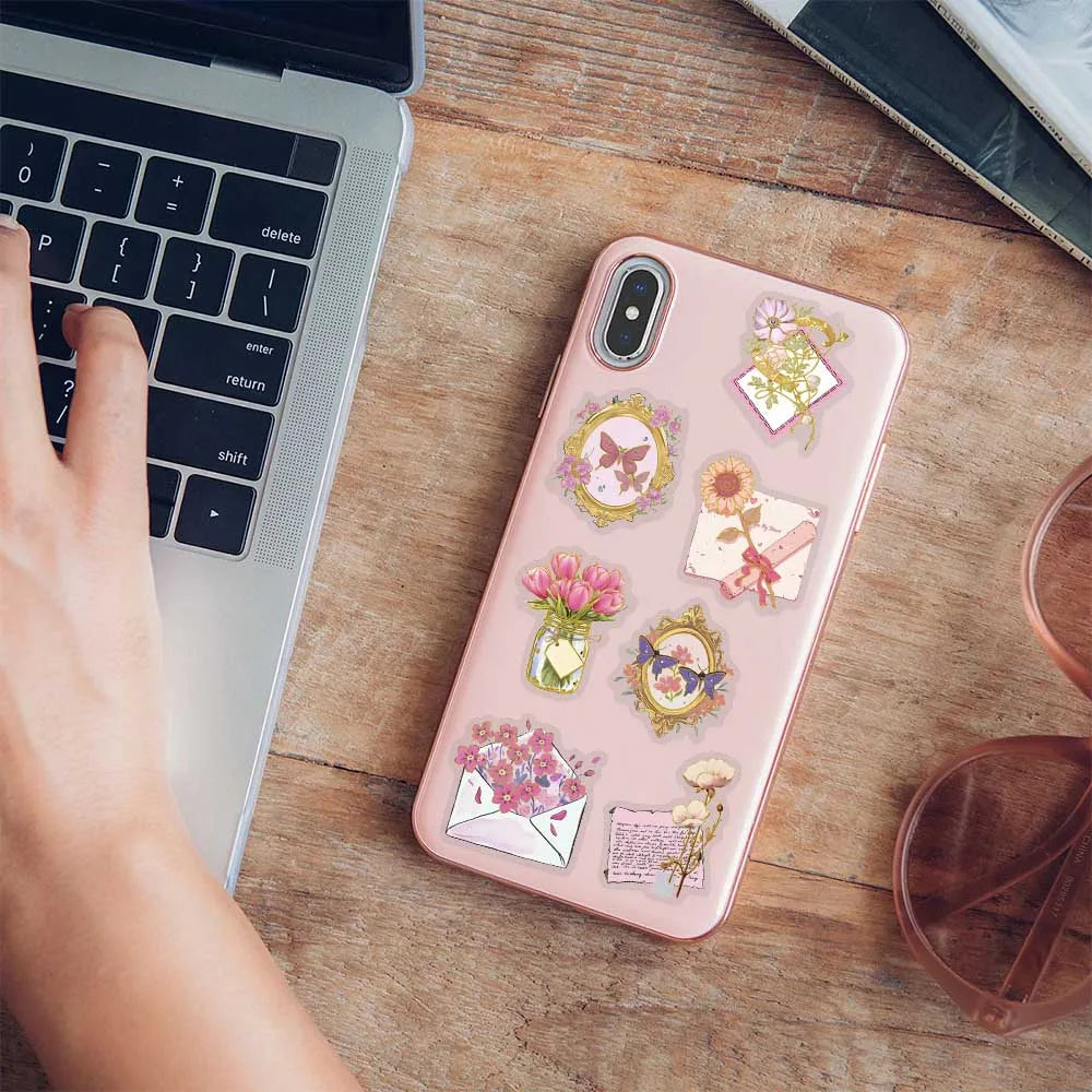 50pcs Gold Stamping Flower Transparent PET Stickers Decals For Phone Scrapbook Luggage Helmet DIY Cartoon Aesthetic Stickers