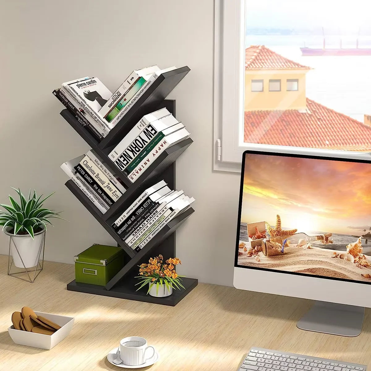 4Tier Tree Bookshelf Wooden Bookcase–Floor Standing Storage Rack for Books Decor Compact Shelf Organizer for Home Office School