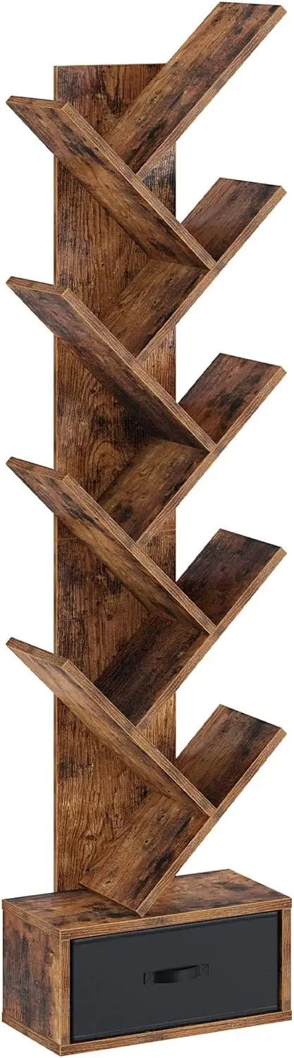 Rolanstar 7 Tier Tree Bookshelf  Drawer Storage Rack Tall Narrow Standing Bookcase for CDs Movies Books Living Room Rustic Brown