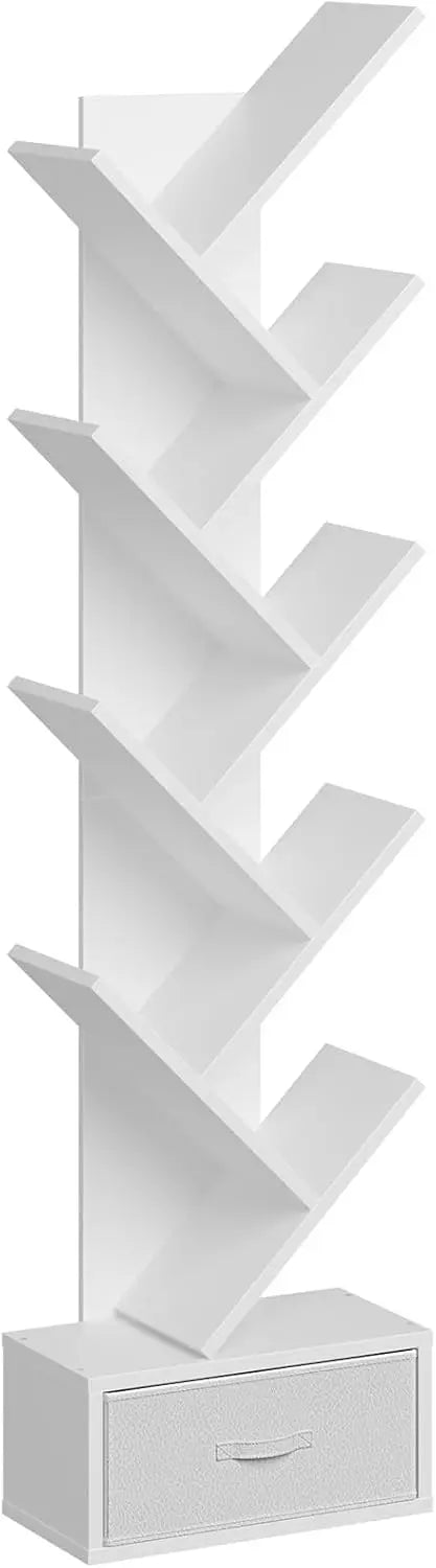 Rolanstar 7 Tier Tree Bookshelf  Drawer Storage Rack Tall Narrow Standing Bookcase for CDs Movies Books Living Room Rustic Brown