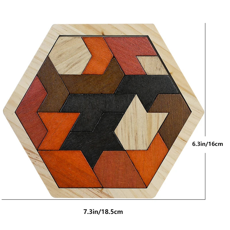 Wooden Hexagon Puzzle For Kid And Adults,Block Tangram Brain Teaser Toy Geometry Logic IQ Game Montessori Educational Gift