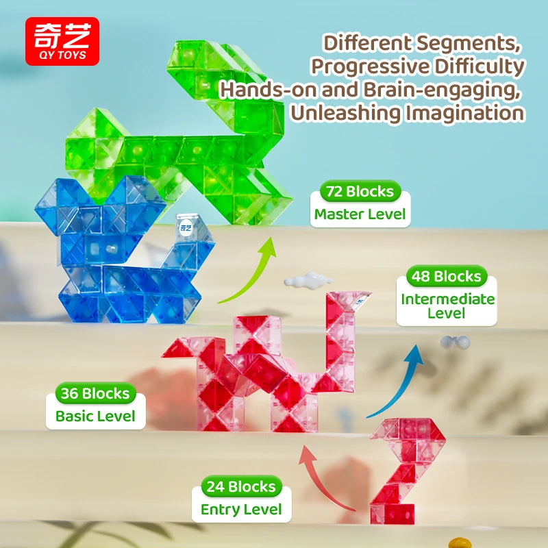QiYi Magic Ruler Crystal Clear Glass Color 24/36/48/60/72 Segments cubo magico Snake Twist Cube Educational Toy For Kids Gift