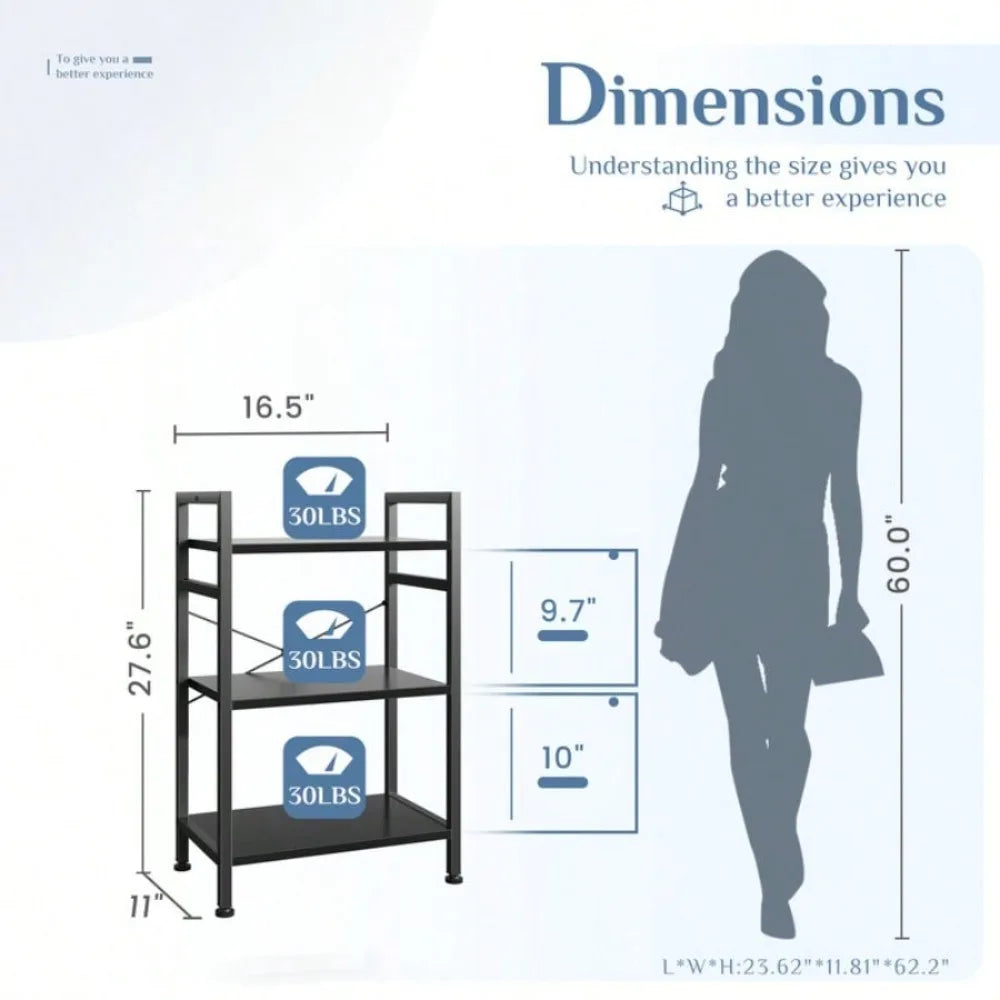 3 Tier Bookshelf, Free Standing Shelf, Bookcase Shelf Storage Organizer, Industrial Book Shelves For Home Office, Living Room