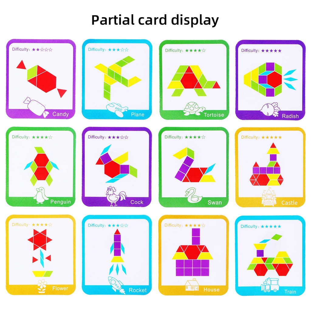 155 PCS Wooden Pattern Blocks Set, Geometric Shape Puzzle, Kindergarten Classic Educational Montessori Tangram Toys for Kids
