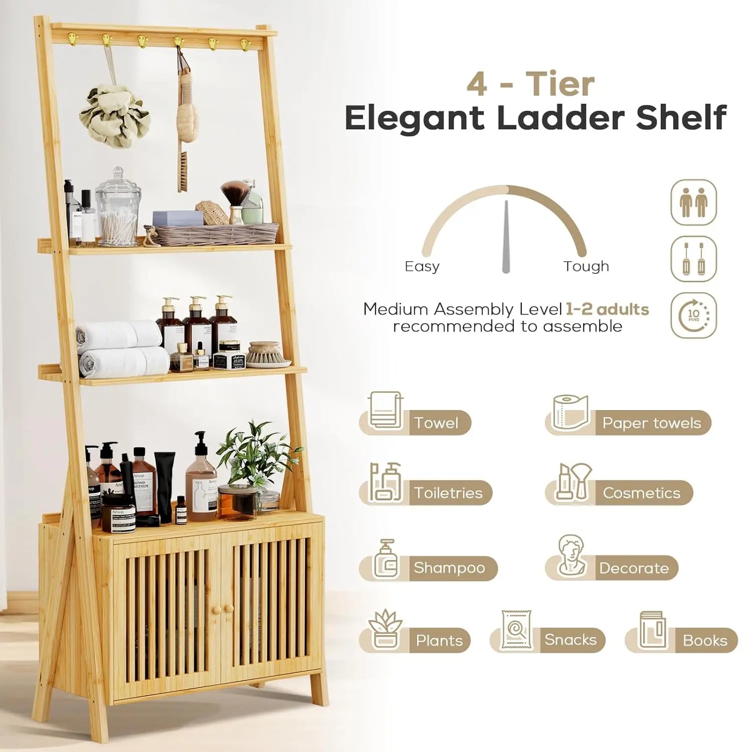4-Tier Bamboo Bookcase with Drawers & Hooks Narrow Ladder Shelf 24.8x10.6x59.5in Storage Organizer Home Office, Customized