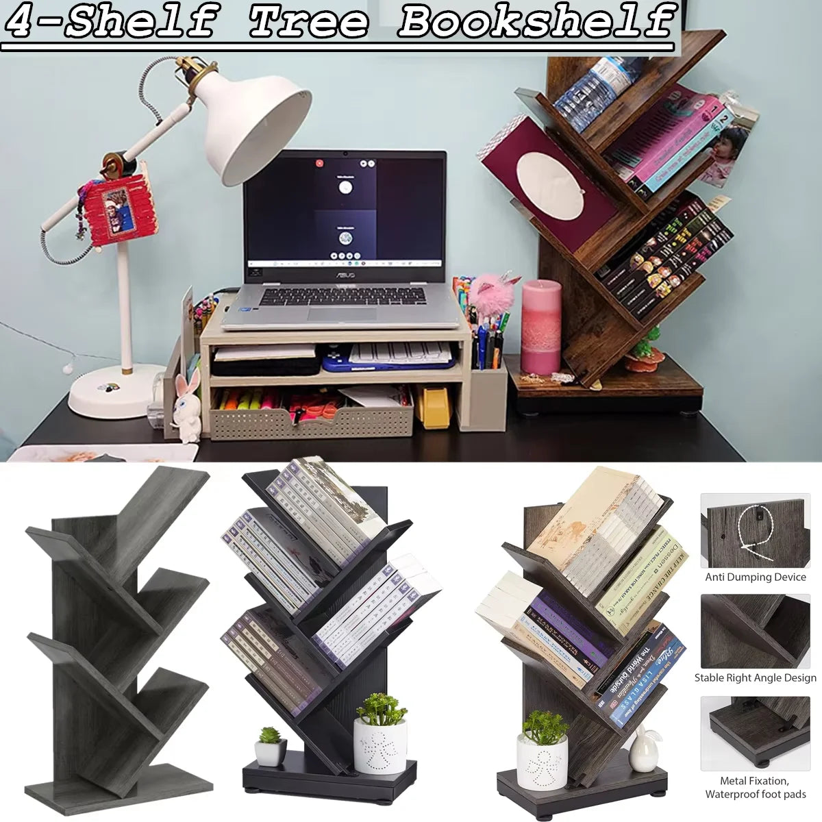 4Tier Tree Bookshelf Wooden Bookcase–Floor Standing Storage Rack for Books Decor Compact Shelf Organizer for Home Office School