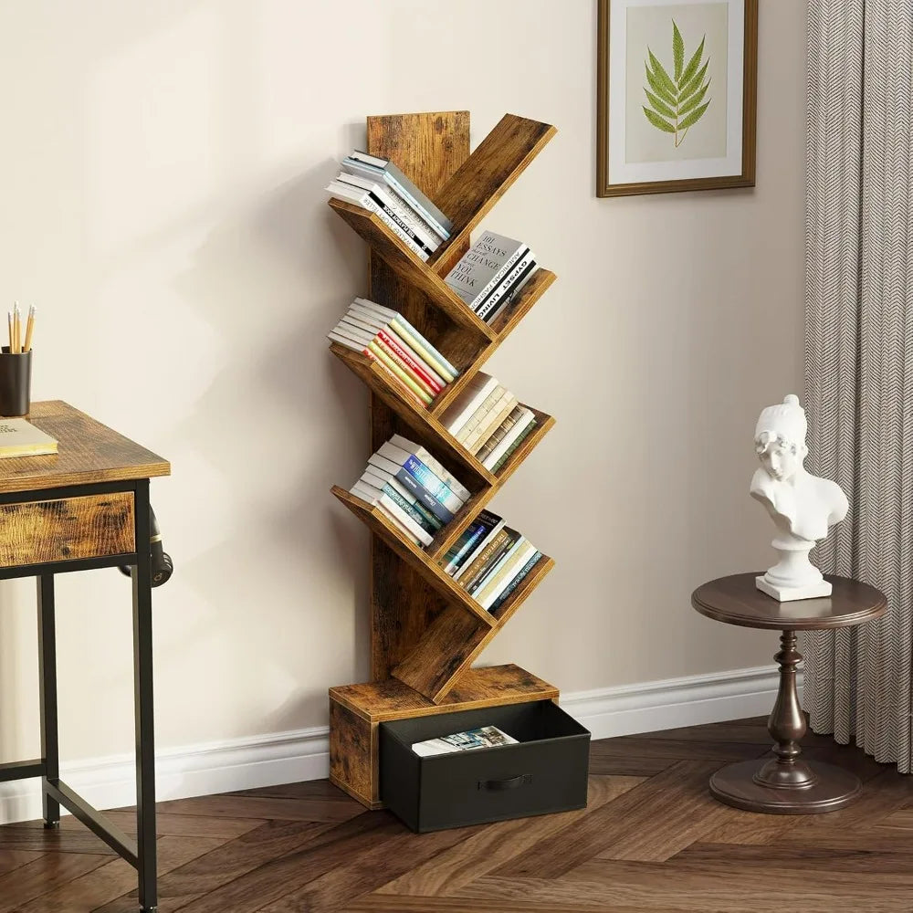 Rolanstar 7 Tier Tree Bookshelf  Drawer Storage Rack Tall Narrow Standing Bookcase for CDs Movies Books Living Room Rustic Brown