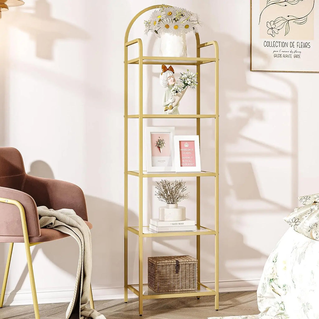 Tempered Glass Bookshelves, Slim Shelving Unit For Bedroom, Bathroom, Home Office, Steel Frame, 5 Tier Gold