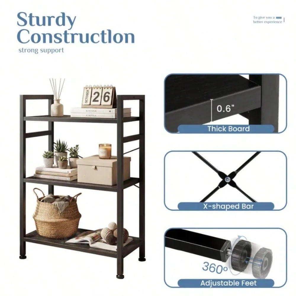 3 Tier Bookshelf, Free Standing Shelf, Bookcase Shelf Storage Organizer, Industrial Book Shelves For Home Office, Living Room