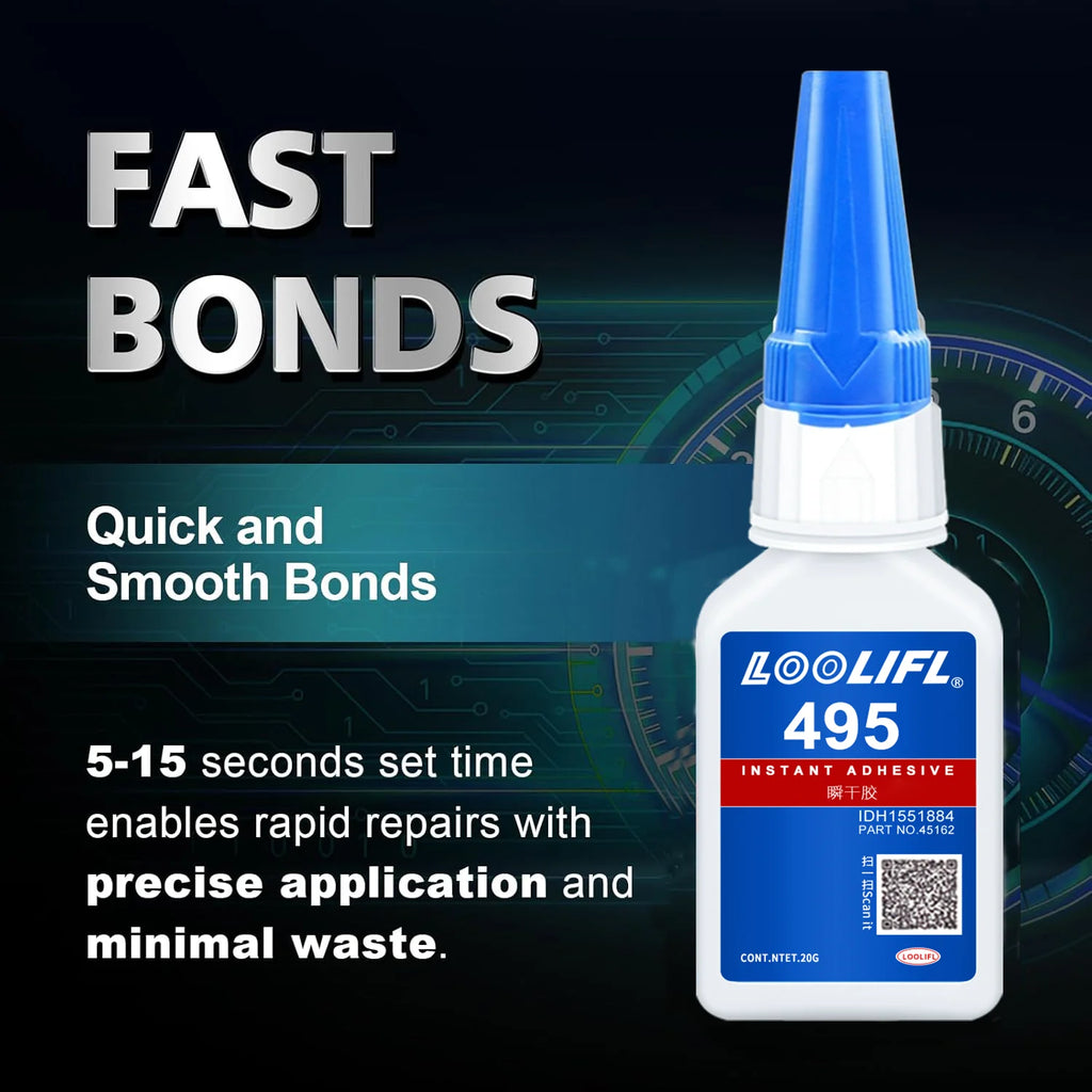 495 super strong glue, transparent and non-yellowing in 5 seconds, waterproof, suitable for metals, ceramics, wood and plastics.