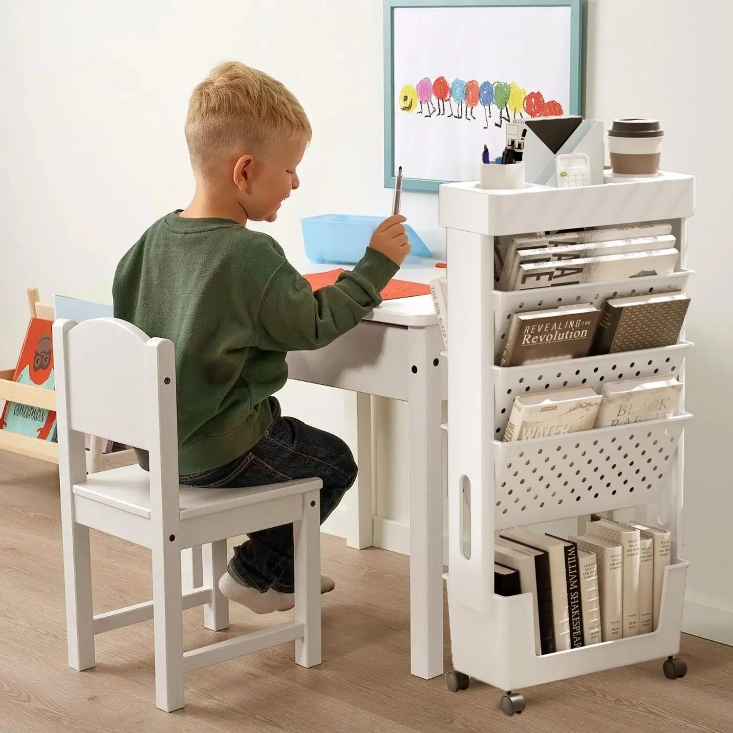 5-Tier Removable Magazine Newspaper Storage Rack, Book Storage Rack With Wheels Tableside Bookshelf For School Classroom Office