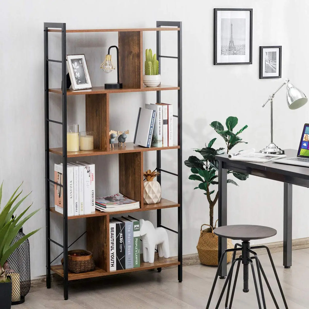 5 Tier Industrial Bookshelf Metal Frame Display Shelves Home Office Storage Rack Wood Unit, Customized