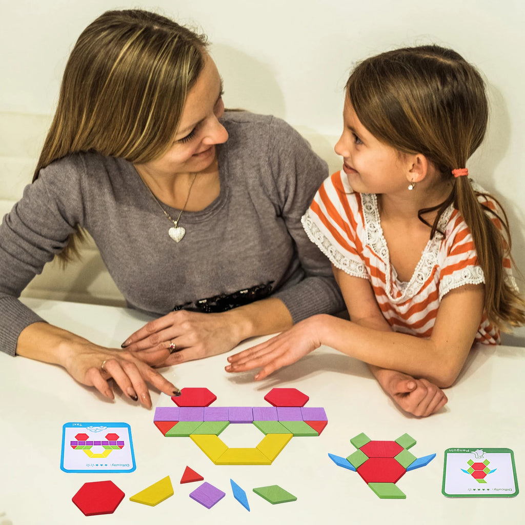 155 PCS Wooden Pattern Blocks Set, Geometric Shape Puzzle, Kindergarten Classic Educational Montessori Tangram Toys for Kids