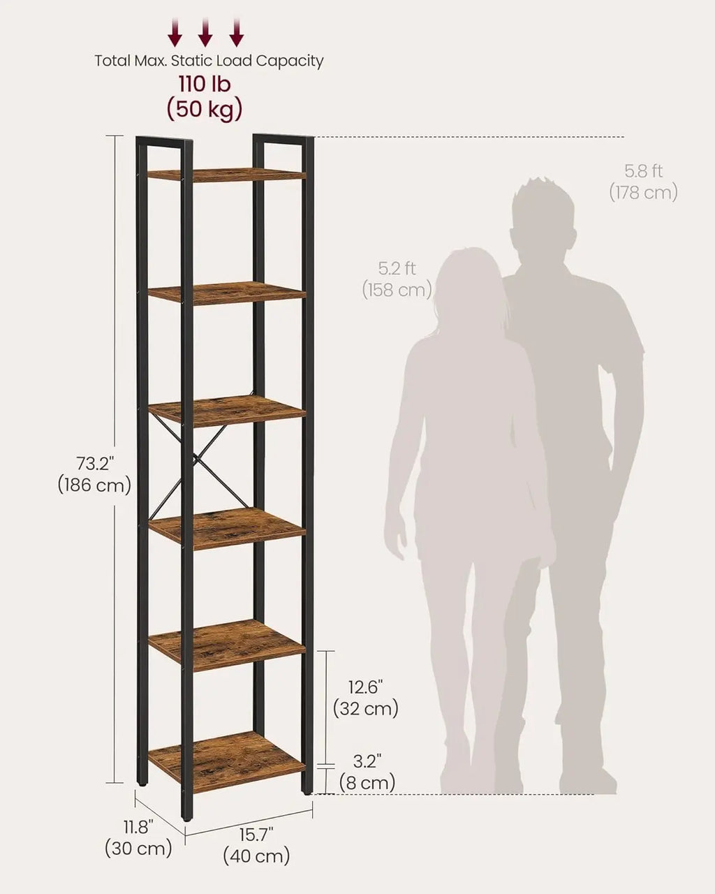 6-Tier Bookshelf, Bookcase With Steel Frame, Book Shelf For Living Room, Home Office, Study, 11.8 X 15.7 X 73.2 Inches,