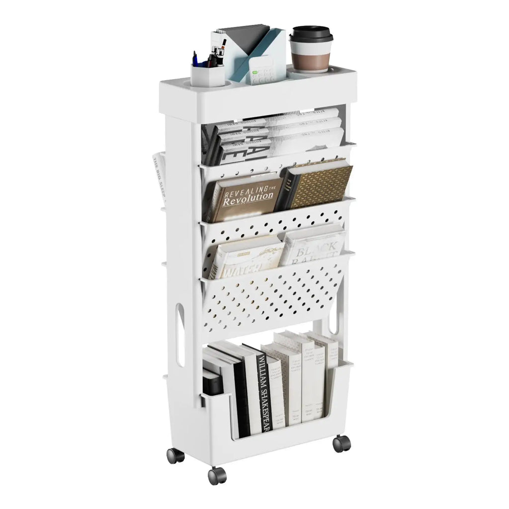 5-Tier Removable Magazine Newspaper Storage Rack, Book Storage Rack With Wheels Tableside Bookshelf For School Classroom Office