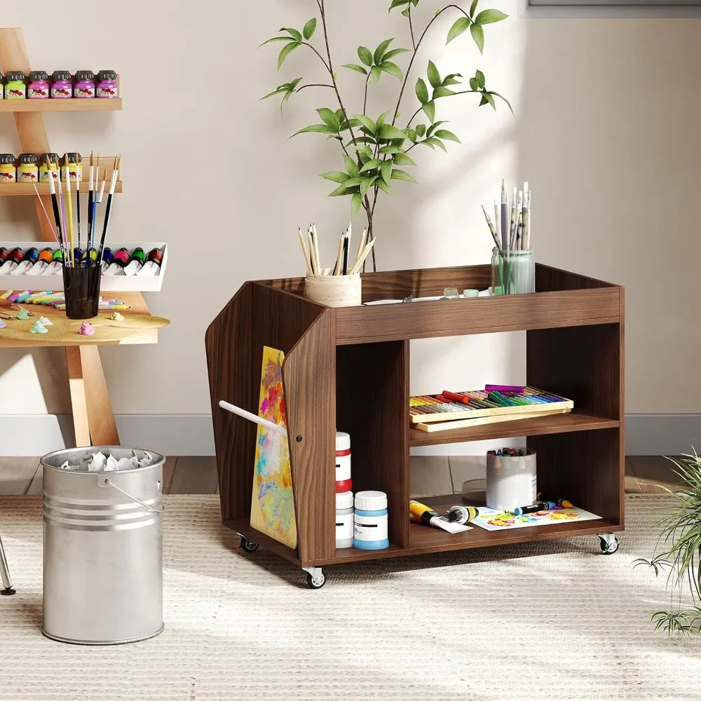 Rolling End Table with Storage, 3-Tier Side Table with Magazine Rack & Open Shelves, 4 Universal Wheels, Farmhouse Mobil