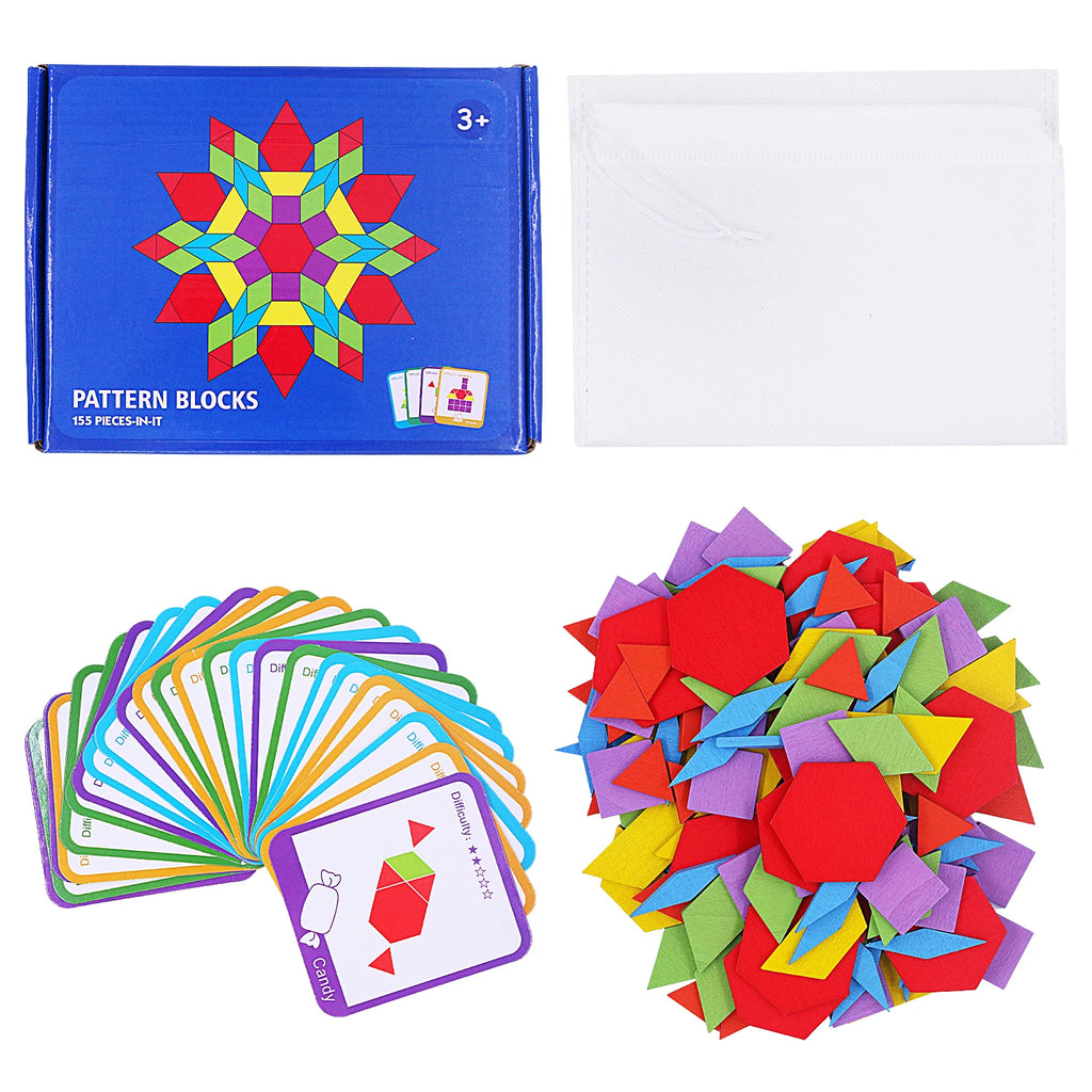 155 PCS Wooden Pattern Blocks Set, Geometric Shape Puzzle, Kindergarten Classic Educational Montessori Tangram Toys for Kids