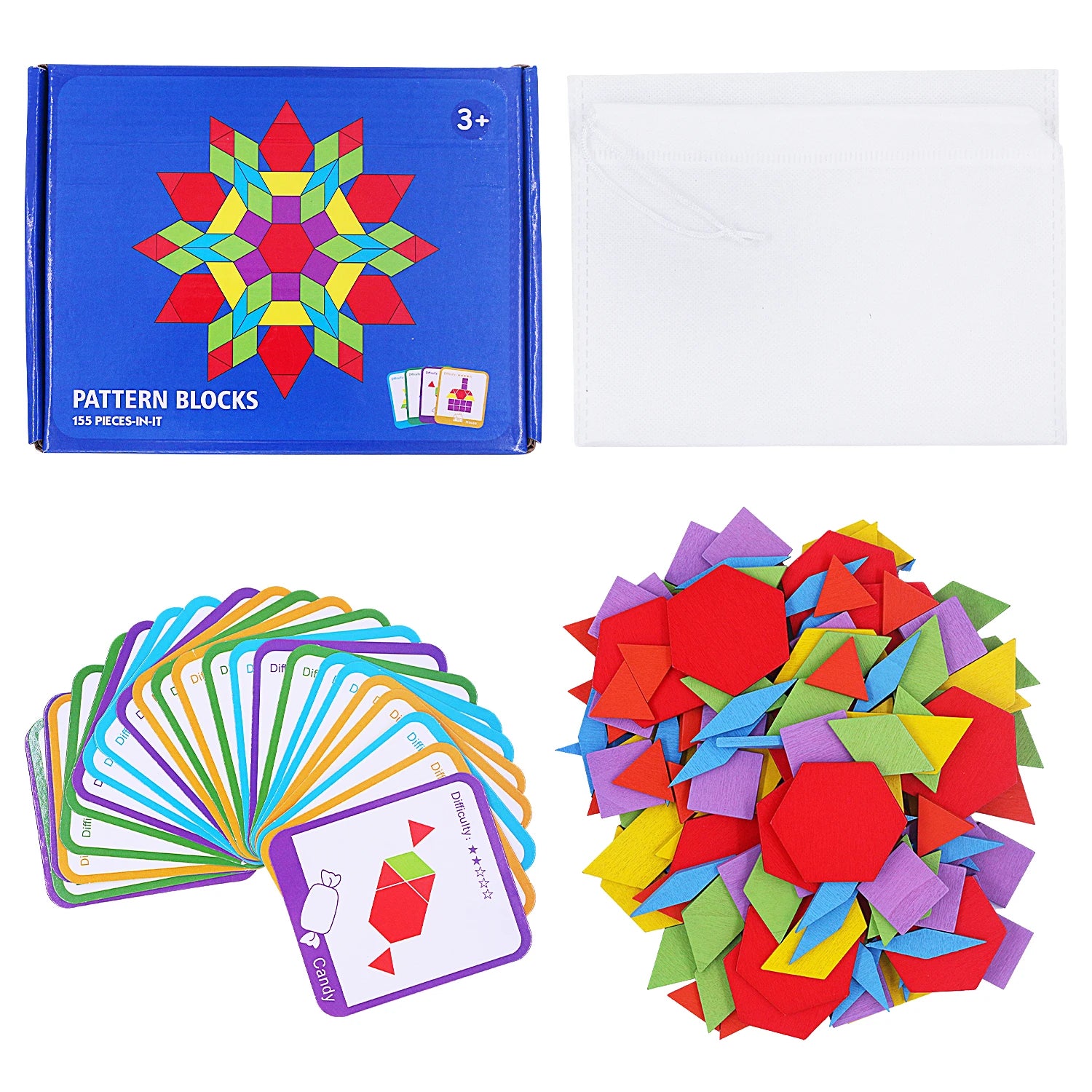 155 PCS Wooden Pattern Blocks Set, Geometric Shape Puzzle, Kindergarten Classic Educational Montessori Tangram Toys for Kids