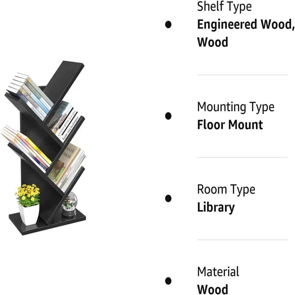 4Tier Tree Bookshelf Wooden Bookcase–Floor Standing Storage Rack for Books Decor Compact Shelf Organizer for Home Office School