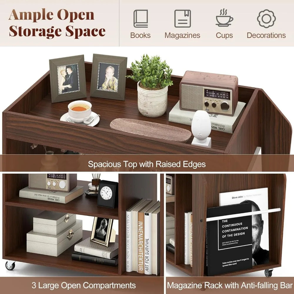 Rolling End Table with Storage, 3-Tier Side Table with Magazine Rack & Open Shelves, 4 Universal Wheels, Farmhouse Mobil