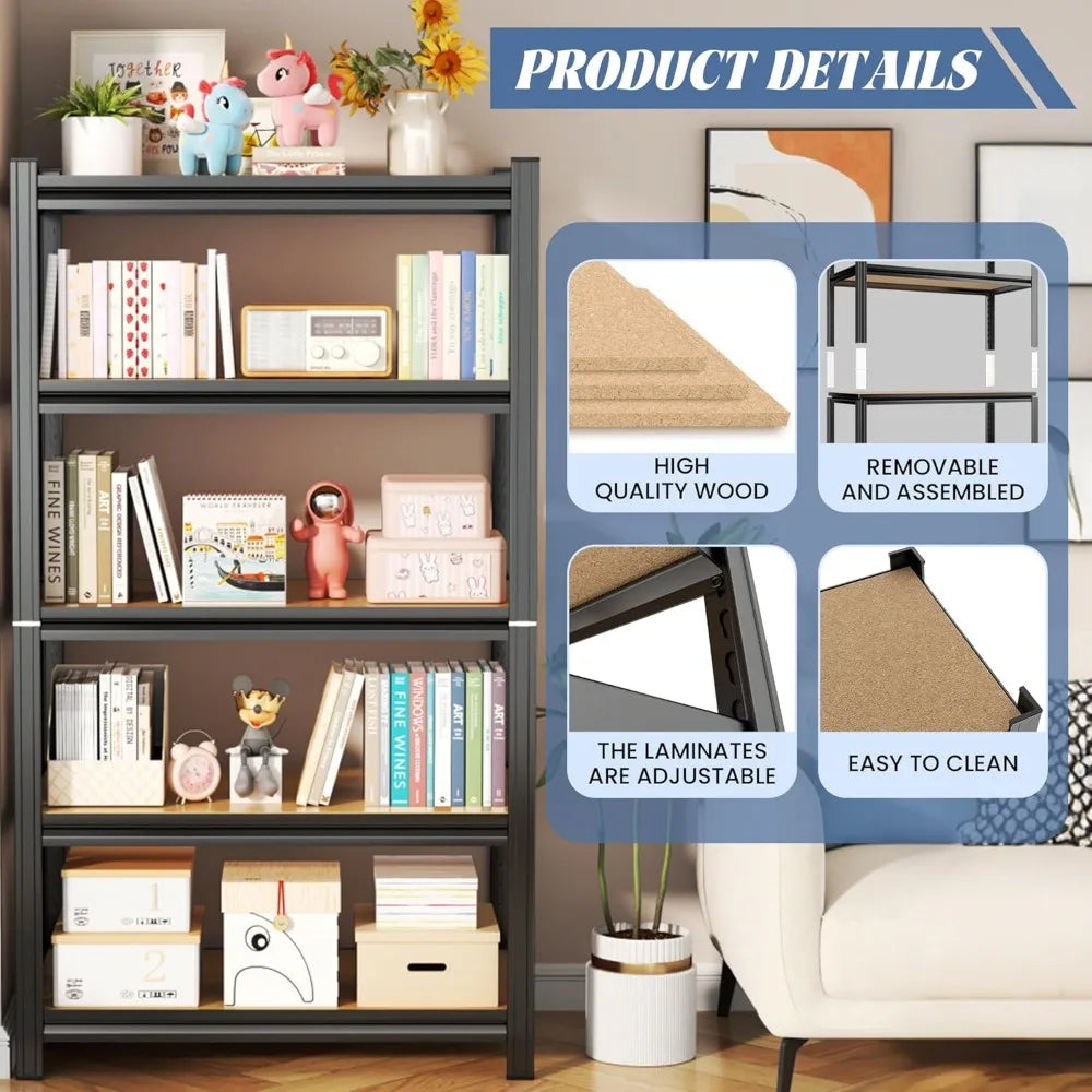 Five Shelf Metal Shelving Bookcase, 11.81 “D x 29.53 ”W x 57.48 H Office Study Storage Shelf Modern Minimalist Style File Rack A
